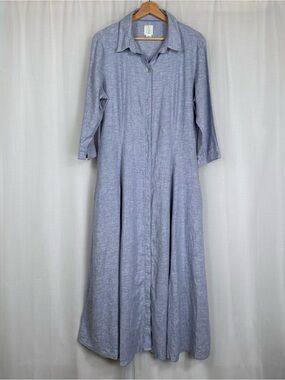 JOIE Blue Linen Blend A-Line Maxi Shirt Dress L Collared Coastal Beachy Pockets